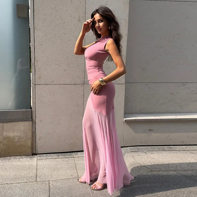 Off-Shoulder Sheer Maxi Dress – Backless Evening Gown