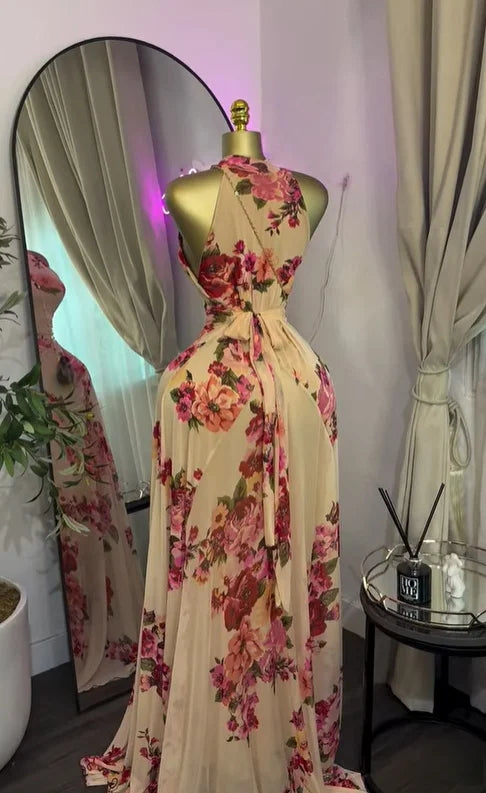 Sleeveless Mermaid Maxi Dress – Floral Print Floor-Length Evening Dress