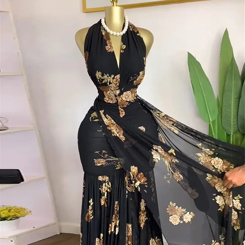 Floral Halter V-Neck Backless Ruched Ruffle Maxi Dress