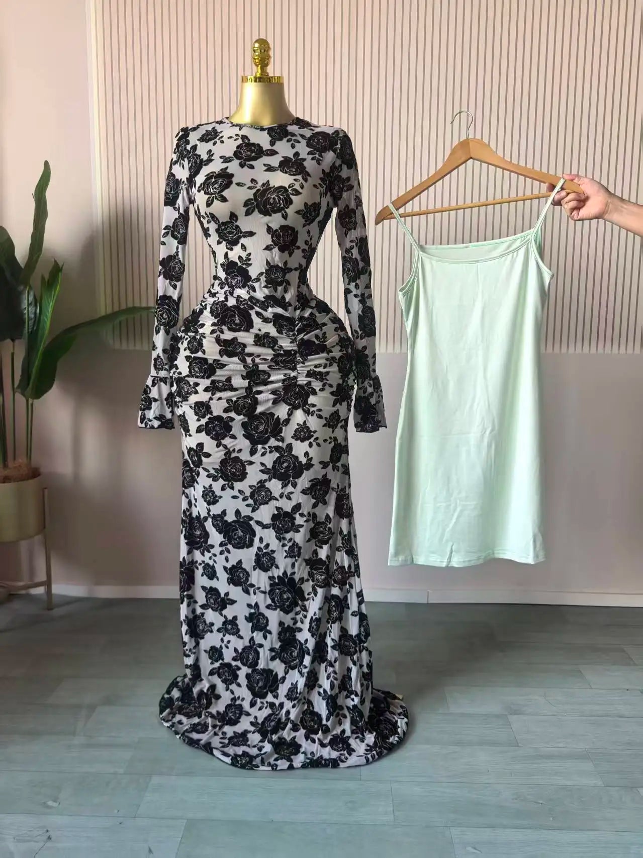 Mesh Bodycon Flare Sleeve Maxi Dress