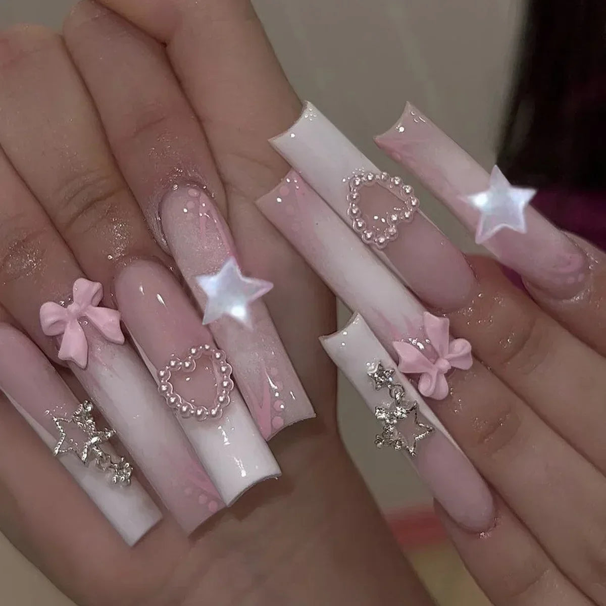 Pink Butterfly Glitter Press-On Nails - French Ballet