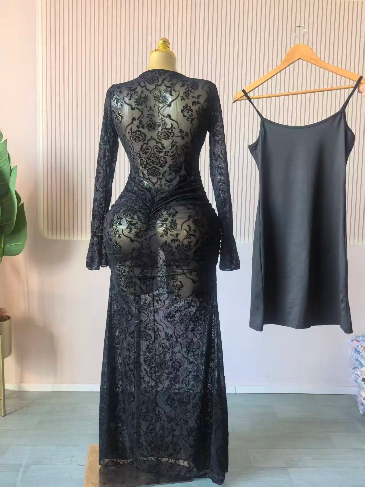Mesh Bodycon Flare Sleeve Maxi Dress