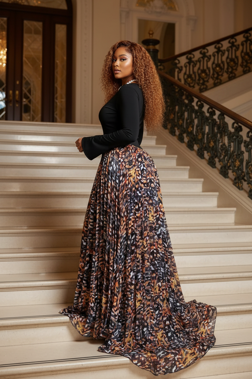 Black dress side view staircase