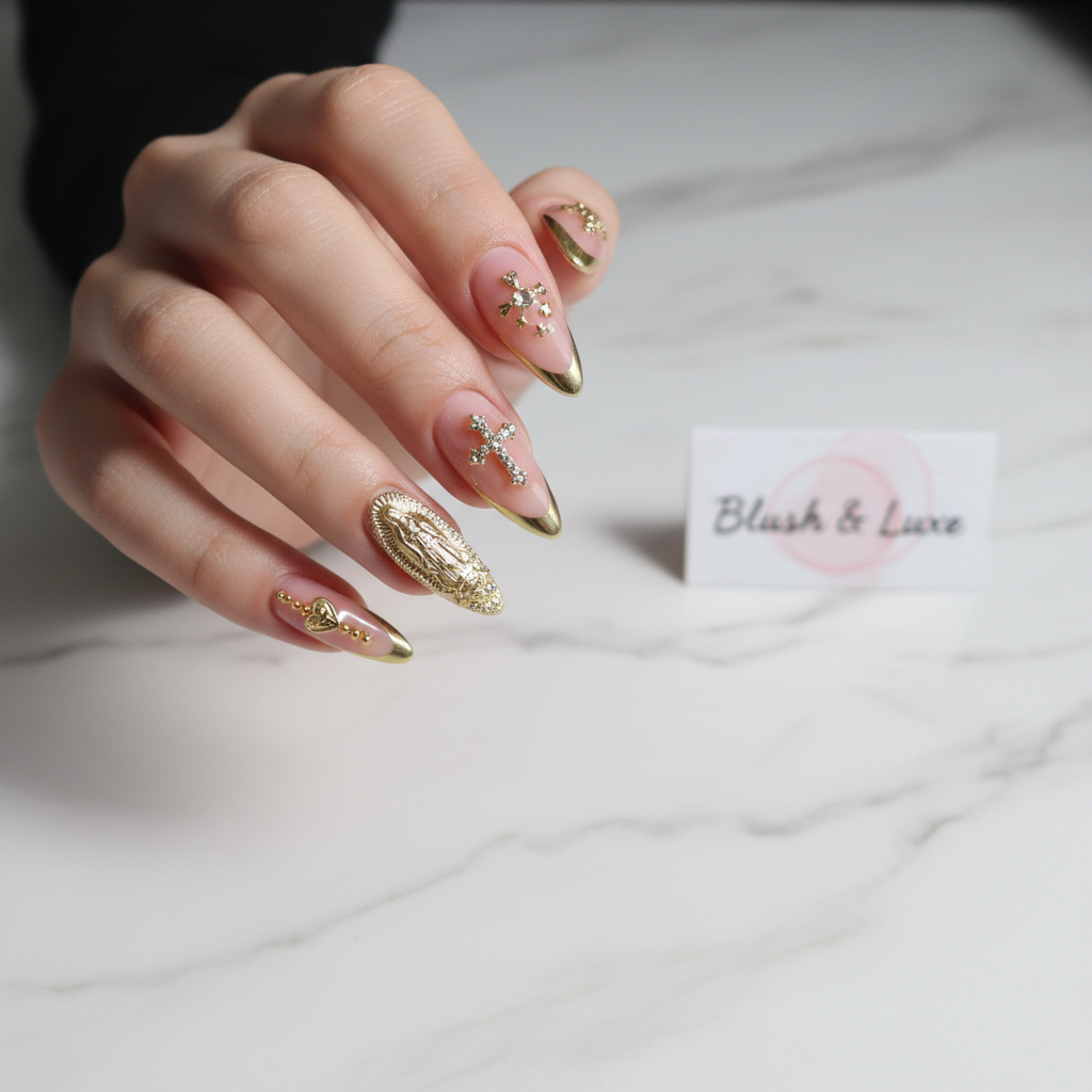 Blush Pink Gold Cross Nails on Model