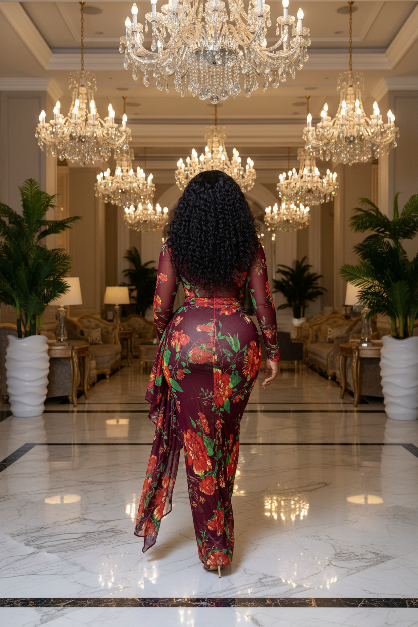 Burgundy floral dress back