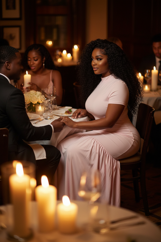 Curvy caramel model in pink dress on a date