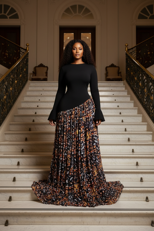 Curvy model black dress staircase