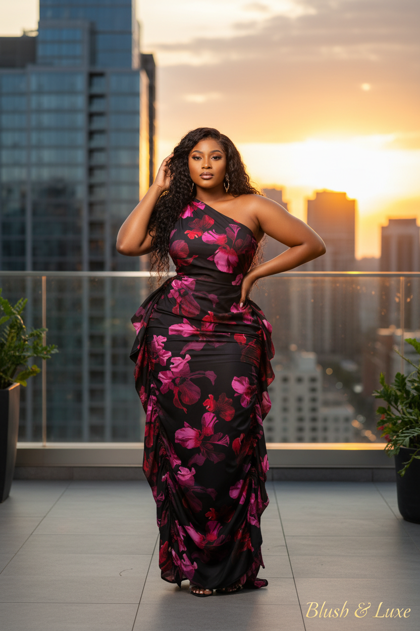 Curvy model in floral dress rooftop