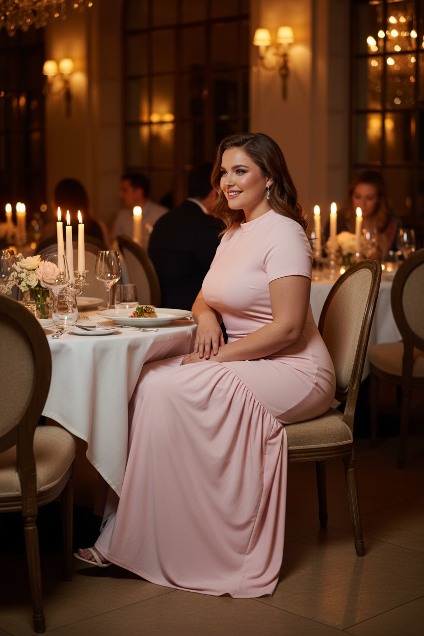 Curvy model in pink dress on a date