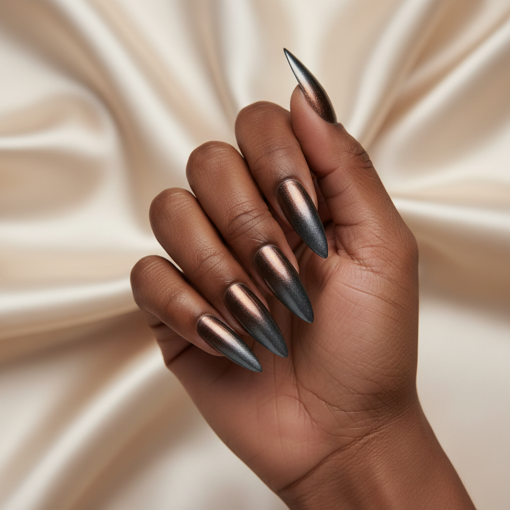 Dark Metallic Stiletto Nails on Model