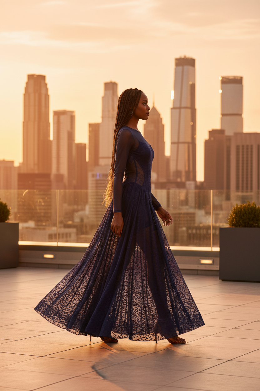 Deep blue mesh corseted maxi side