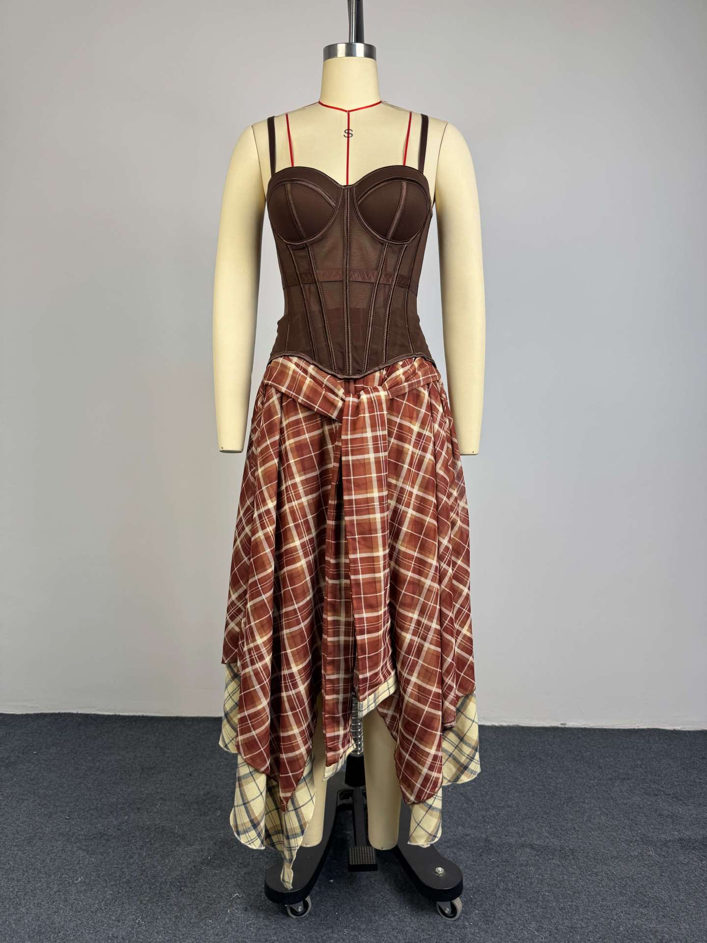 Brown Corset & Plaid Handkerchief Skirt Set