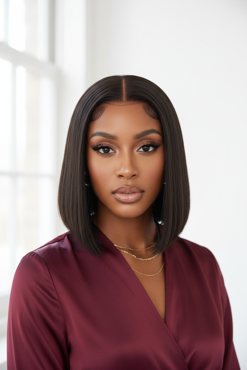 Front view - Straight bob with burgundy satin