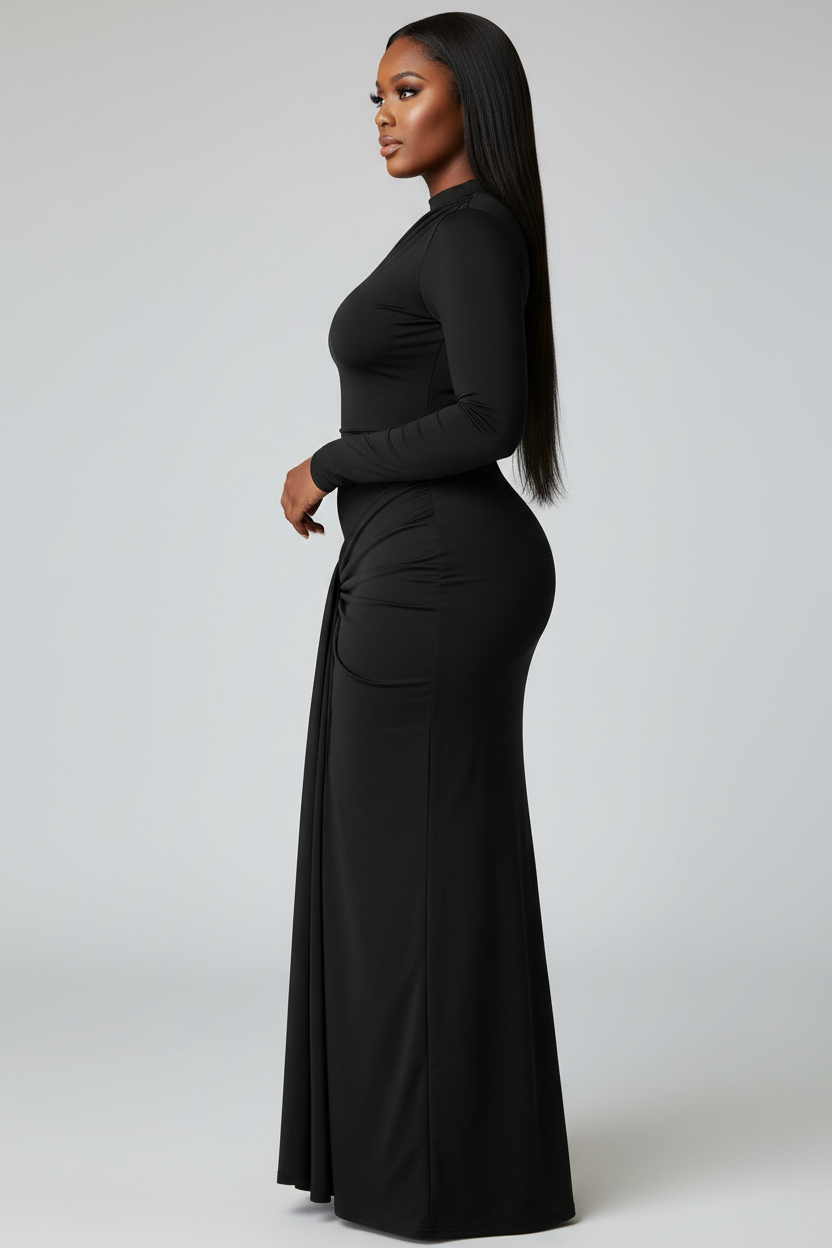 Hourglass model wearing black dress - side profile
