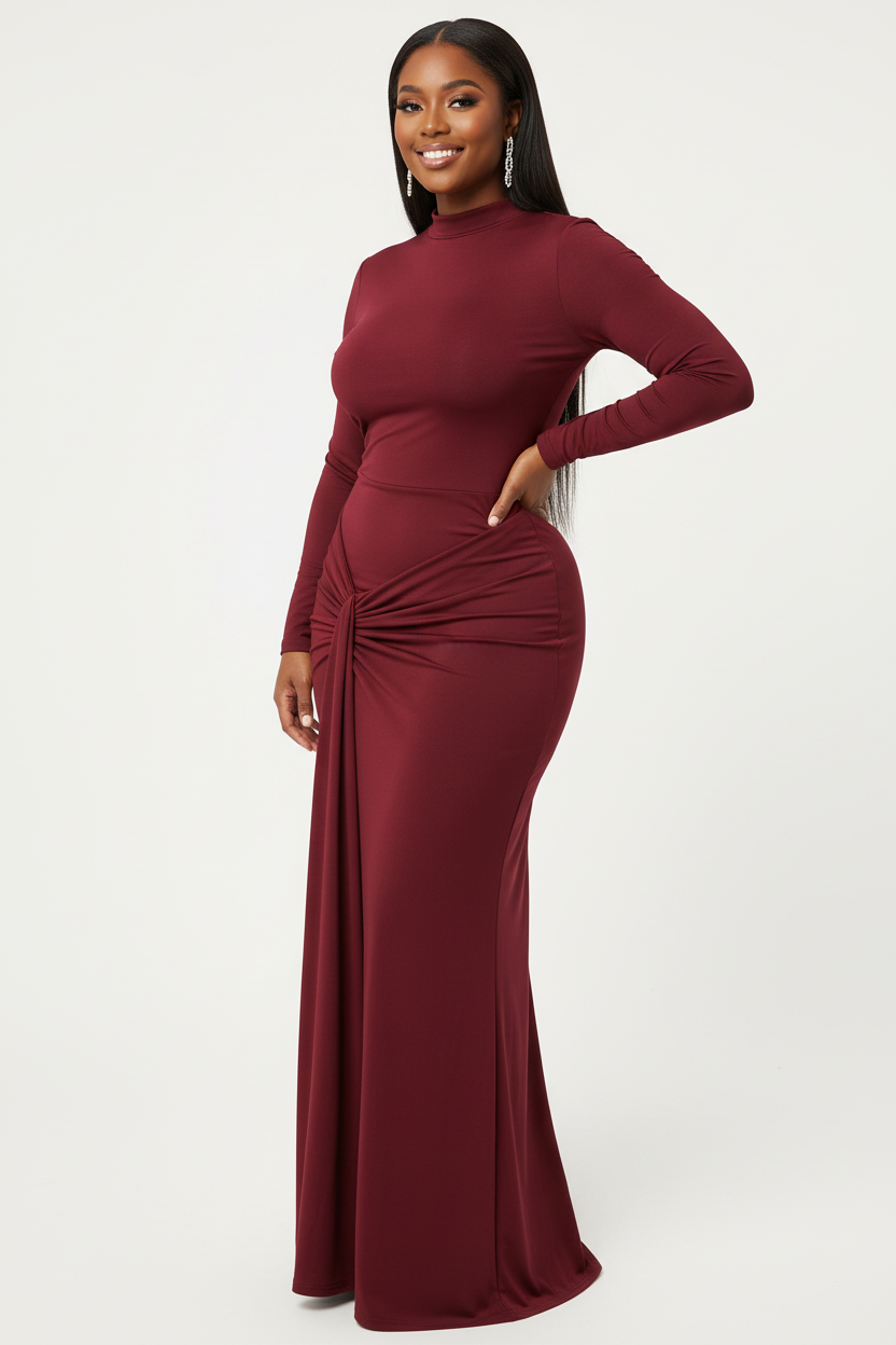 Hourglass model wearing burgundy lace-up dress with straight hair