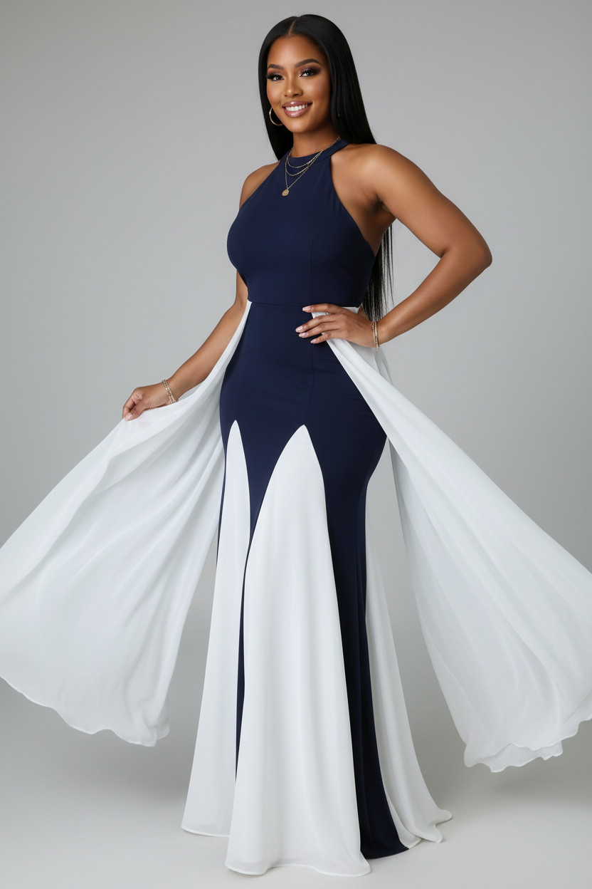 Hourglass model wearing navy blue and white halter maxi dress - three-quarter view