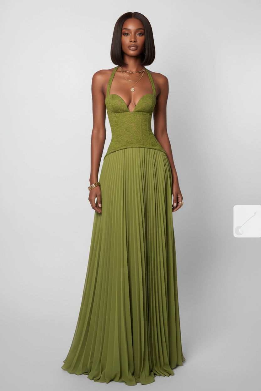 Model wearing Backless Halter Pleated Dress in olive green with bob wig - Front View