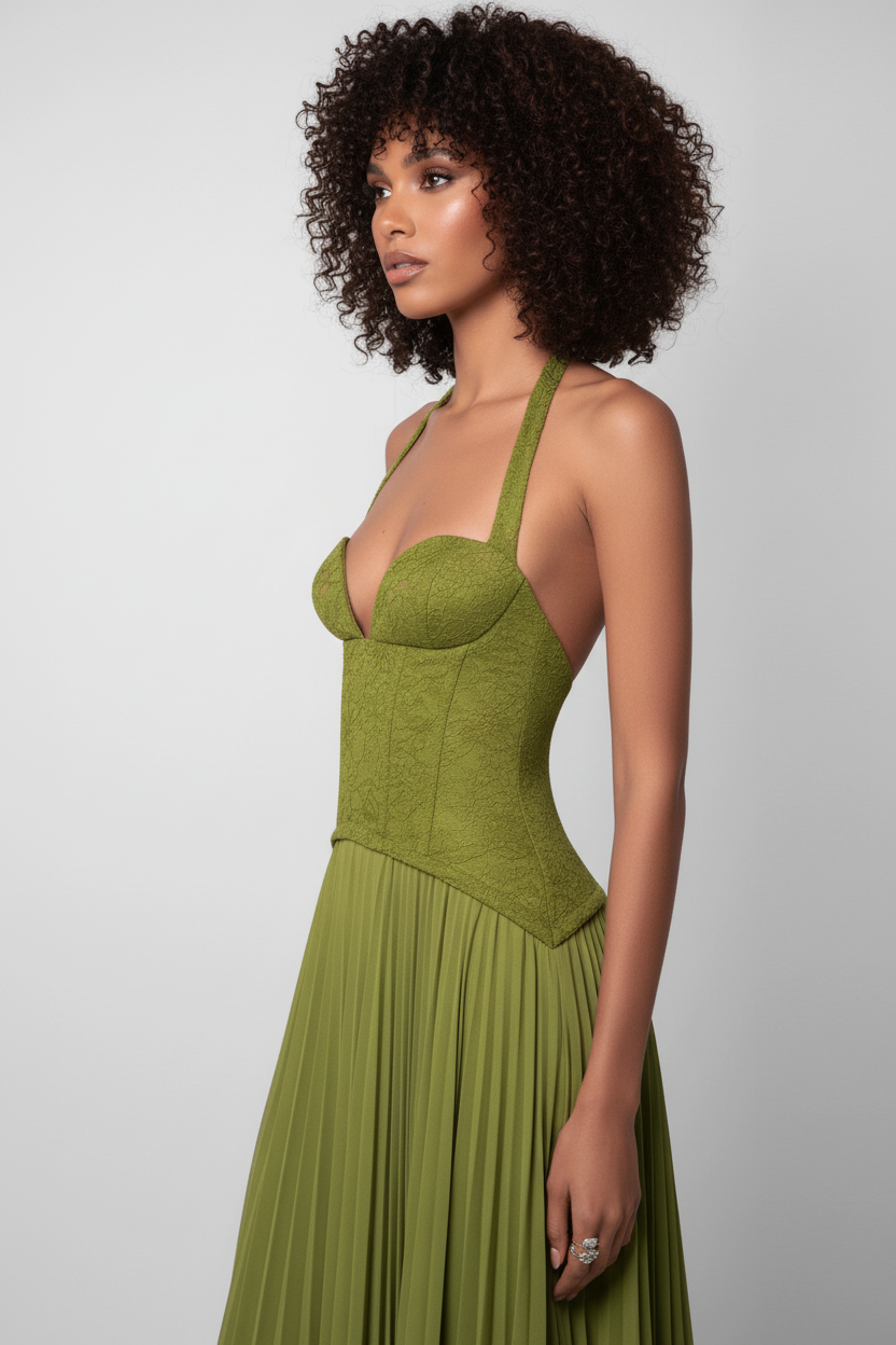 Model wearing Backless Halter Pleated Dress in olive green - Side Profile