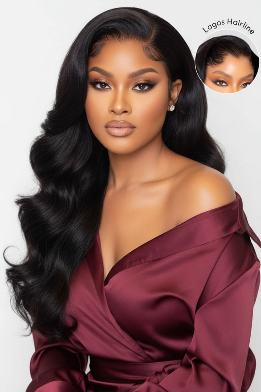 Lagos Hairline Wig - Burgundy outfit version