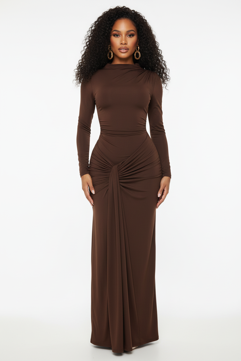Model wearing chocolate brown dress with curly hair