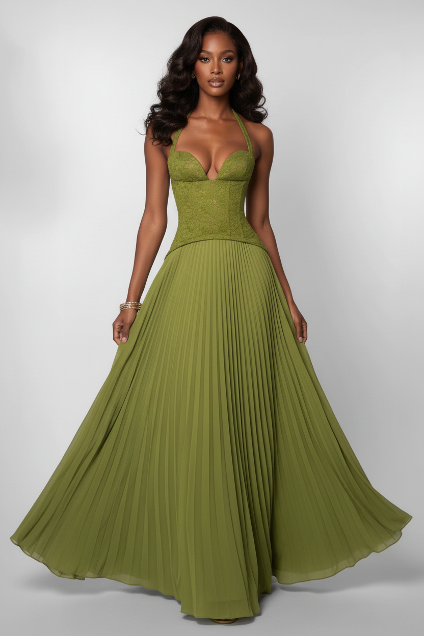 Model wearing olive green halter pleated dress with body wave wig