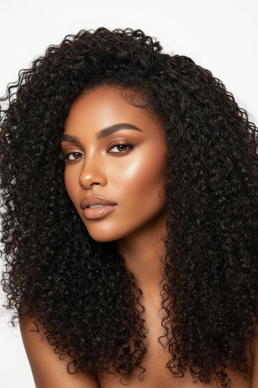 Model with caramel skin tone wearing 360 HD Full Lace Curly Wig