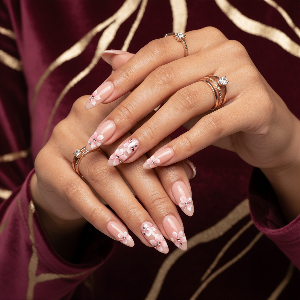 Nude Flower Stiletto Nails - Caramel Hands