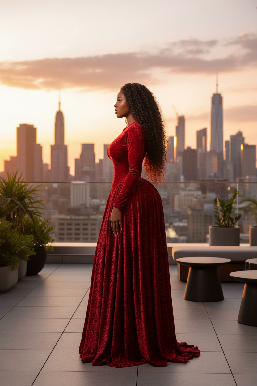 Red velvet corseted maxi side