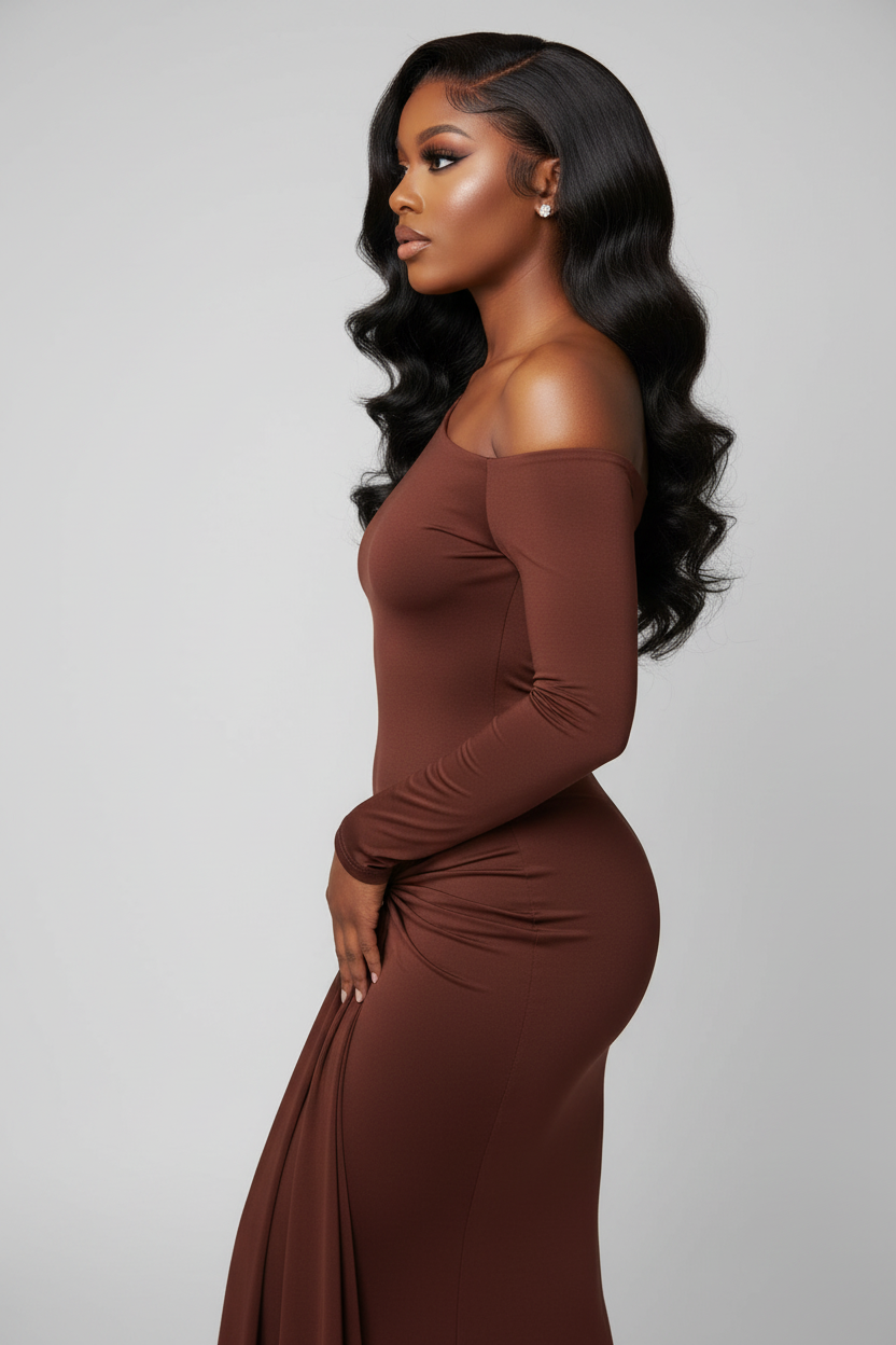 Side profile - One-shoulder dress with body wave wig