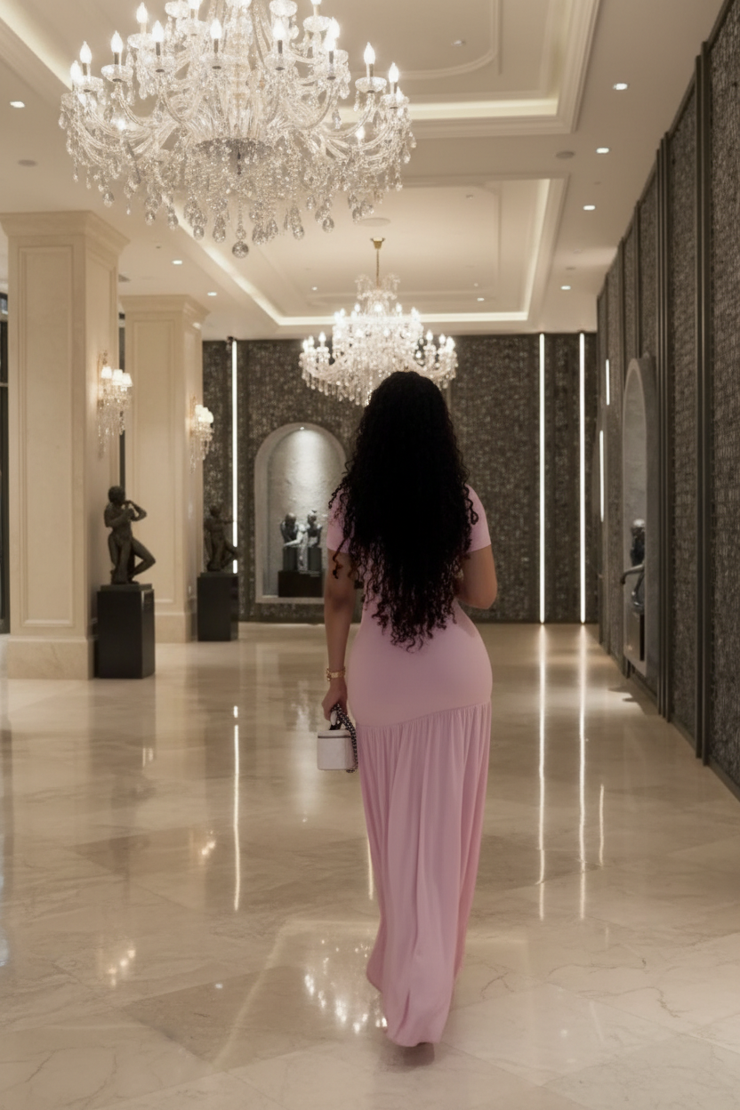 Slim model back view hotel lobby
