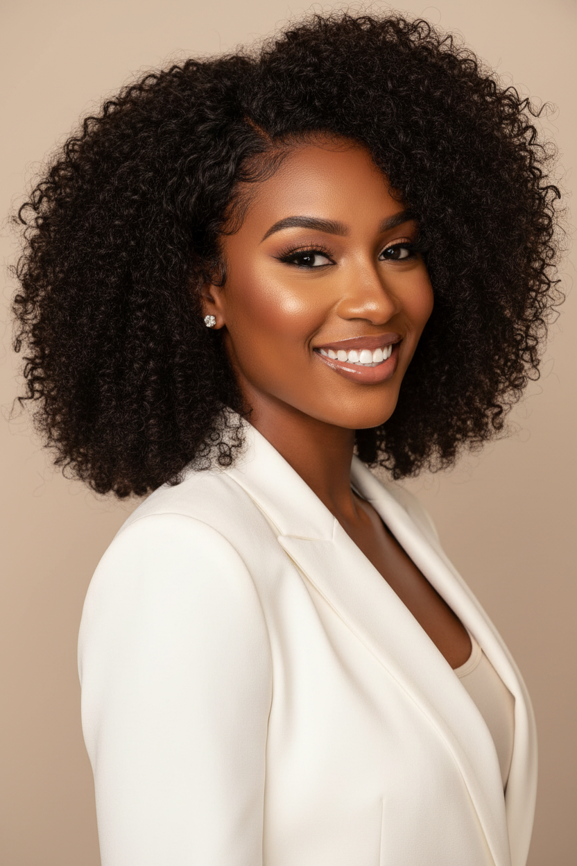 Three-quarter view - Kinky curly with white blazer